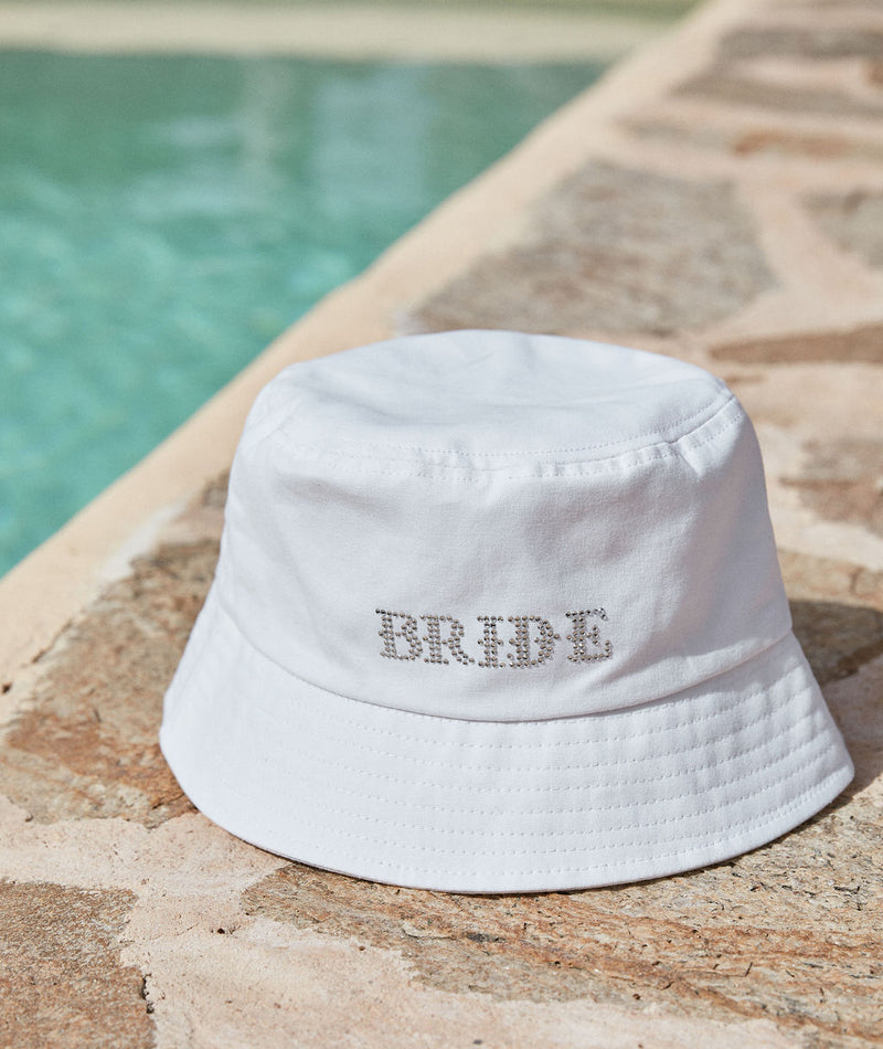 Bride Rhinestone Bucket Hat - White
