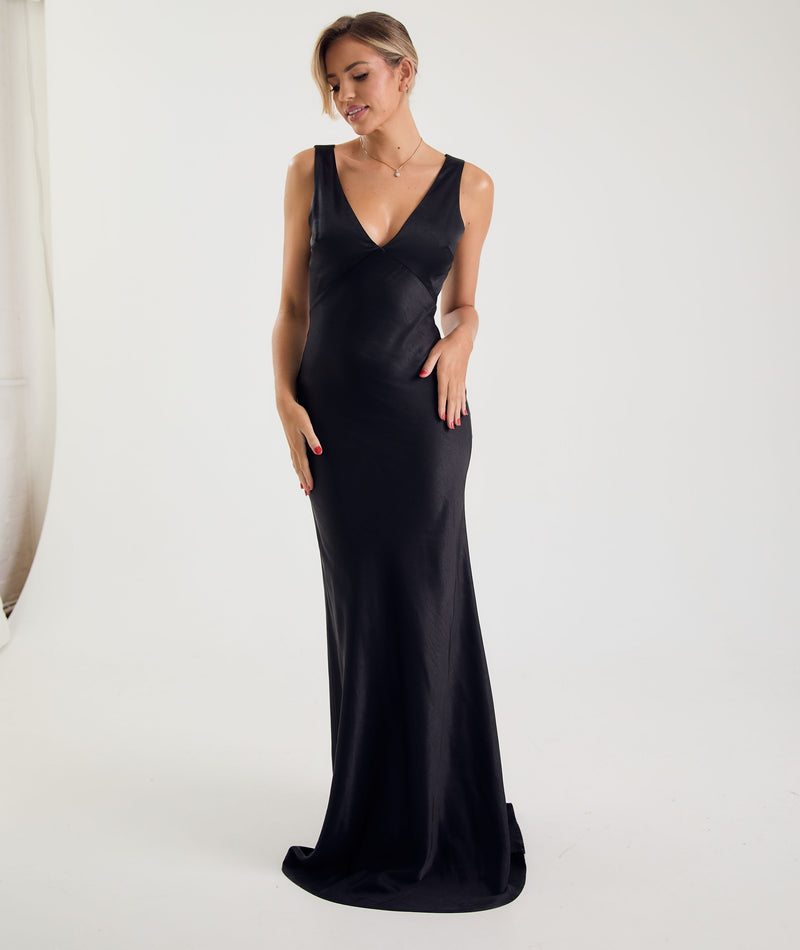 Twist Back Satin Bridesmaid Dress - Black