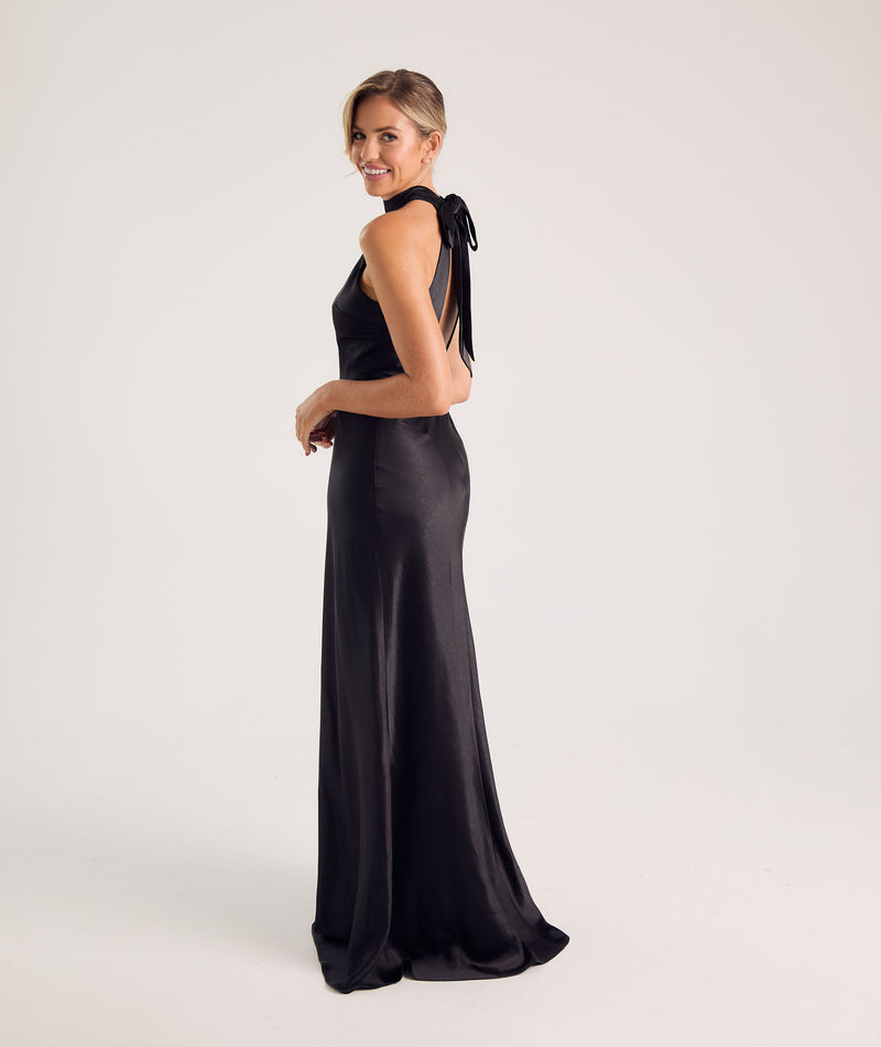 Halter Neck Satin Bridesmaid Dress - Black