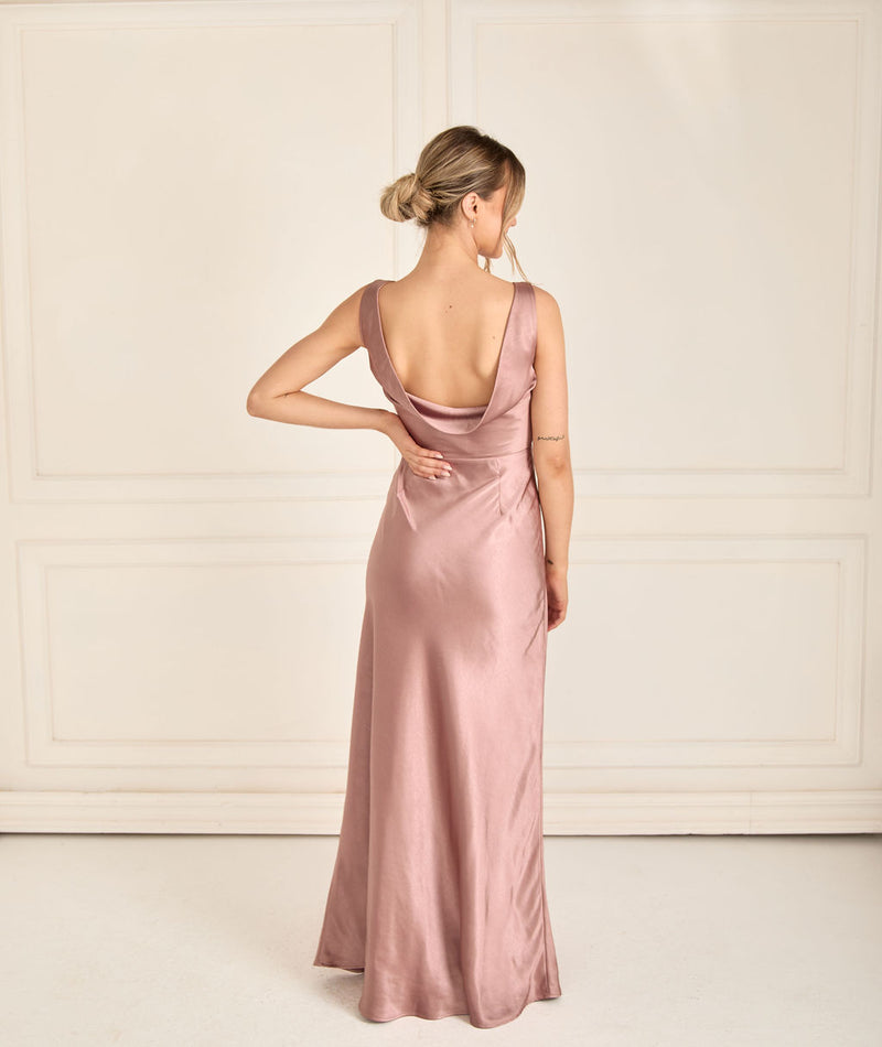 Cowl Back Satin Bridesmaid Dress - Rose