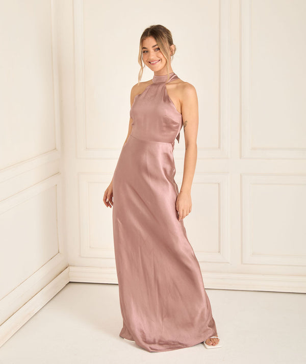 Halter Neck Satin Bridesmaid Dress - Rose