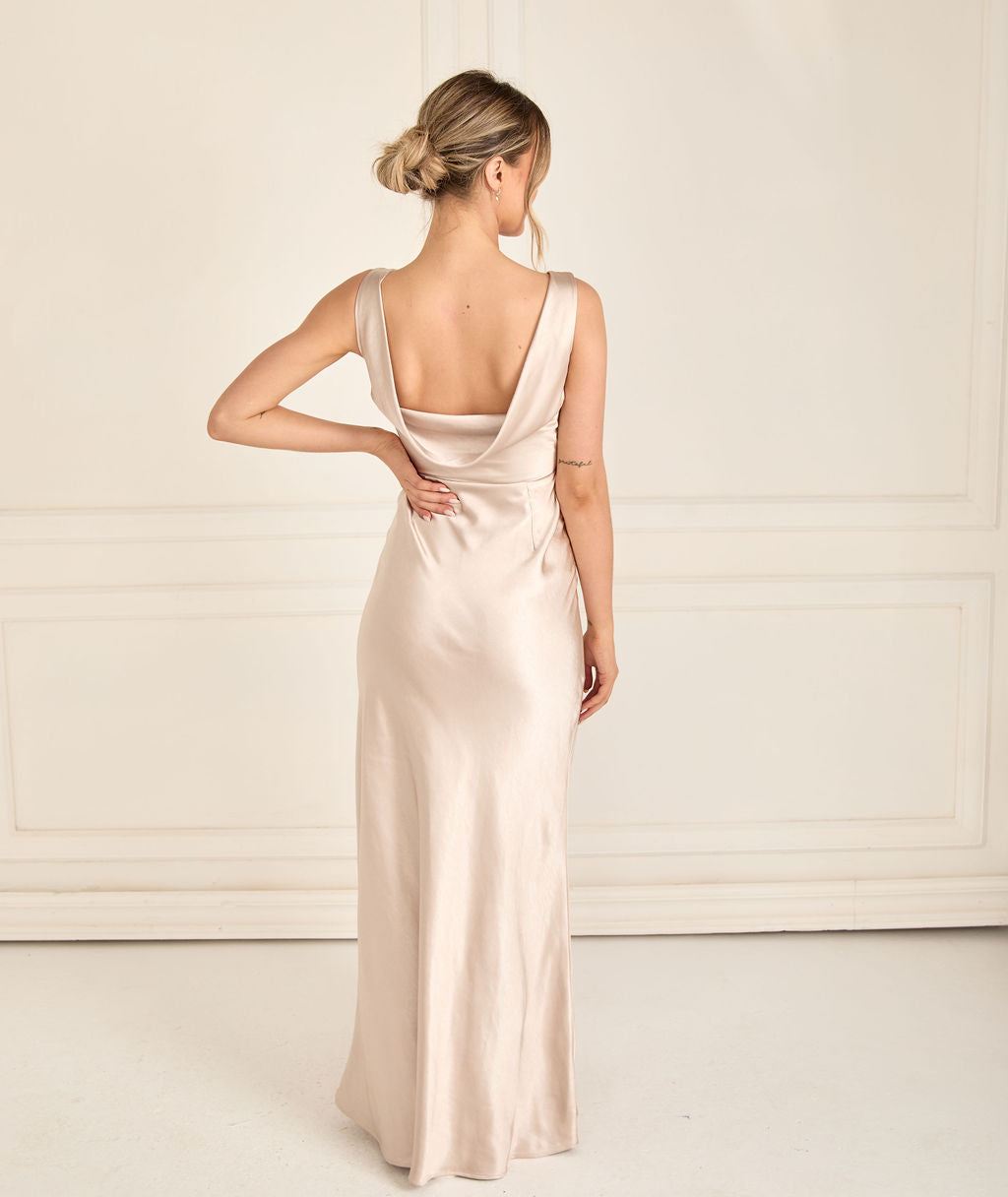 Cowl Back Satin Bridesmaid Dress - Oyster – Six Stories