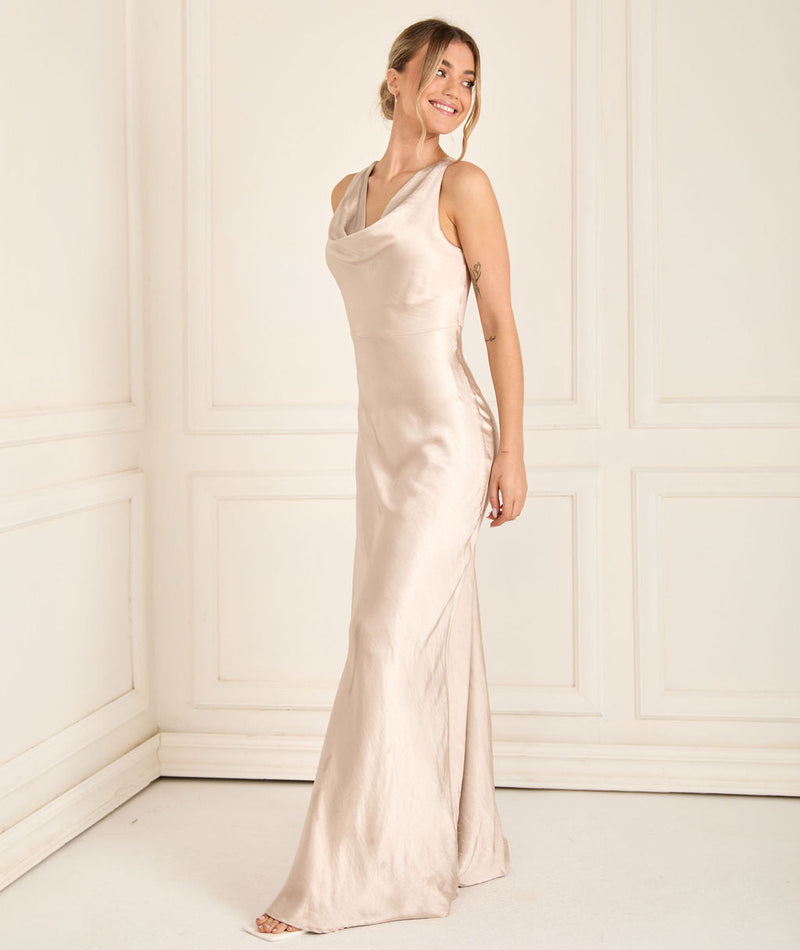 Cowl Front Satin Bridesmaid Dress - Oyster